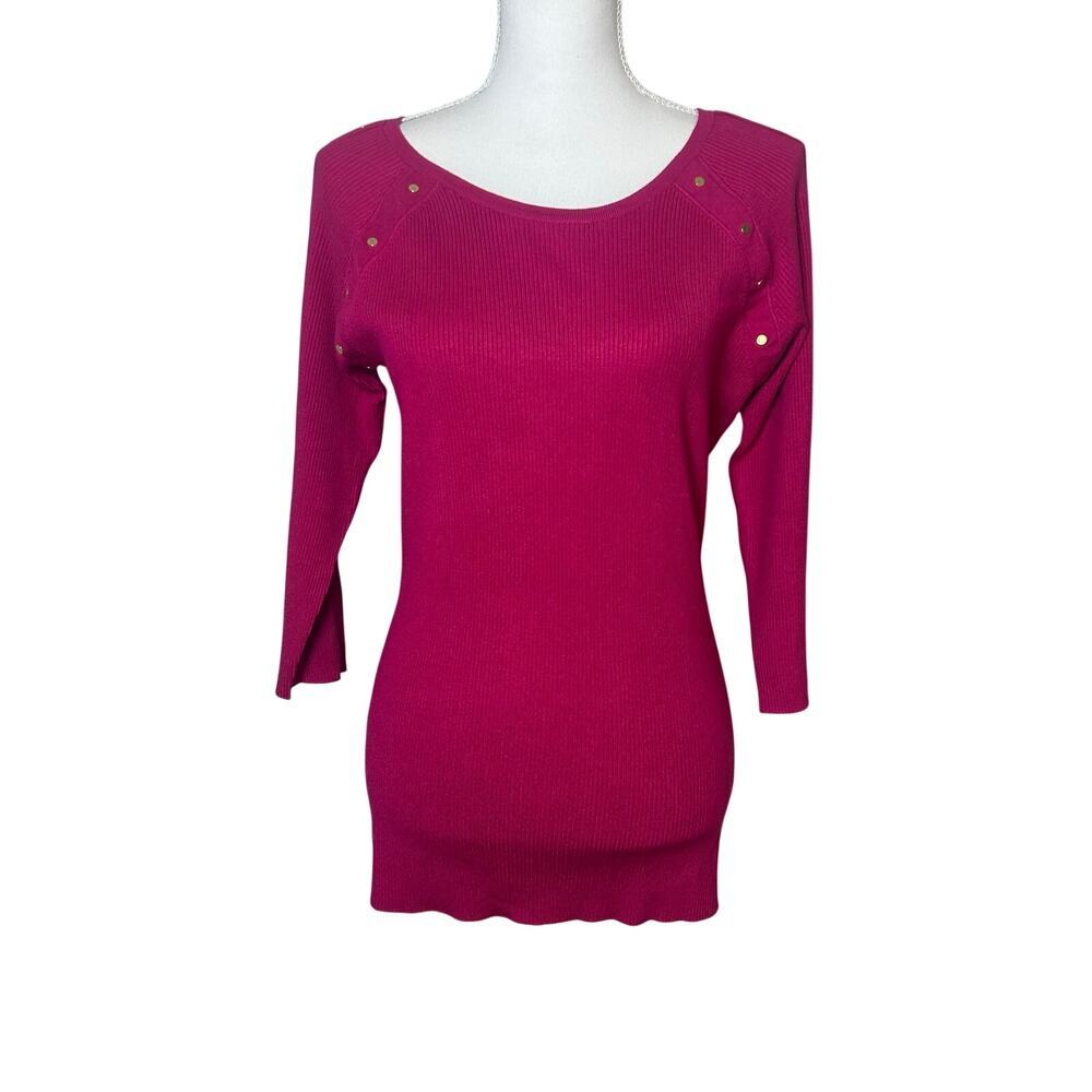 Cache NWT hot pink 3/4 sleeve ribbed gold studs details long tunic sweater XL